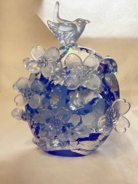 Cobalt Iridescent Crystal Wren with Dogwoods - SOLD