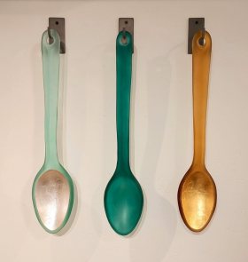 Spoons (Lt. Green w/silver leaf, Med. Green, Amber w/gold leaf) on metal hangers